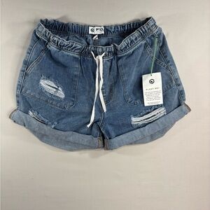 TCL Medium Blue Denim Ripped Drawstring Women's Shorts